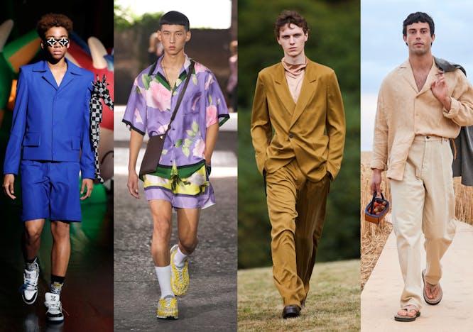 Nella foto i look da sfilata con I pantaloni da uomo di tendenza per la Primavera Estate 2021 