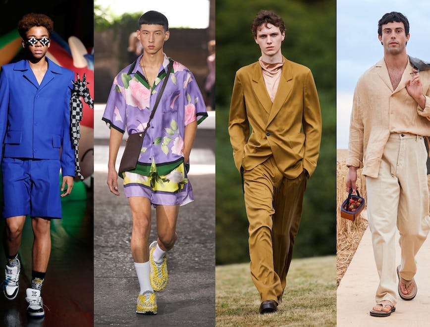 Nella foto i look da sfilata con I pantaloni da uomo di tendenza per la Primavera Estate 2021 