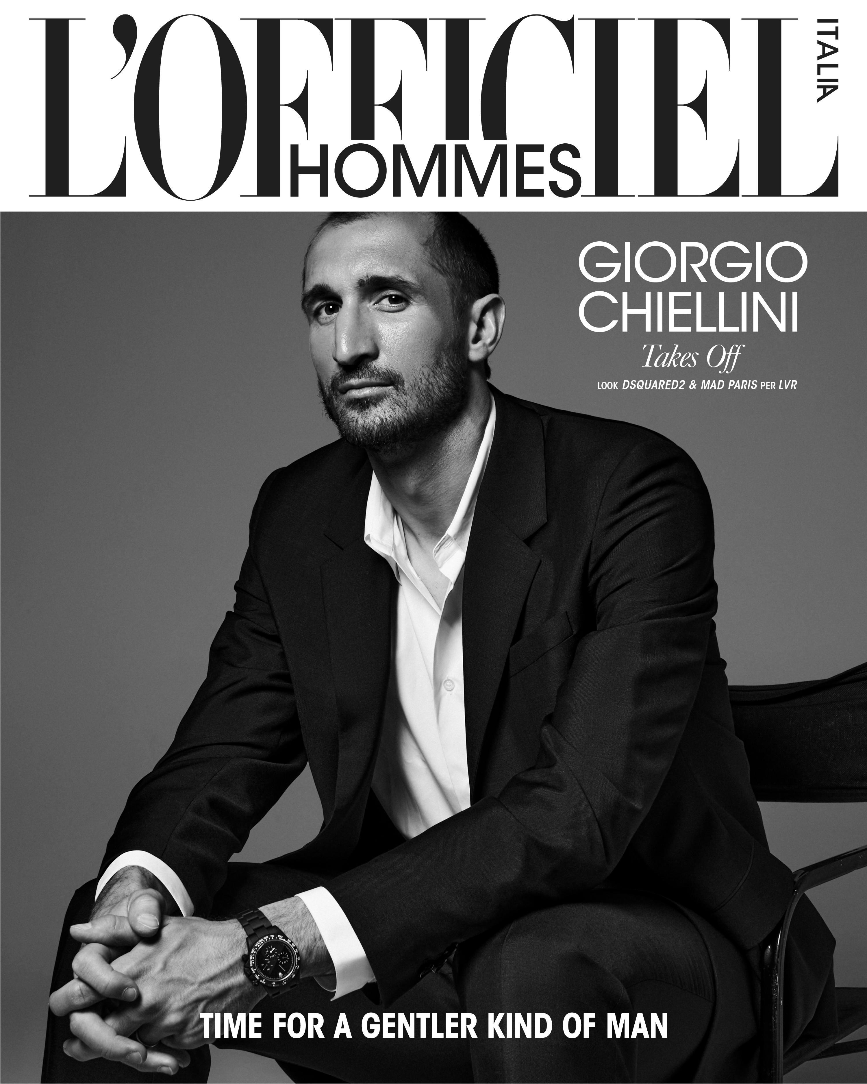 Nella foto Giorgio Chiellini in cover indossa un total look DSQUARED2, e orologio WAD Paris per LuisaViaRoma