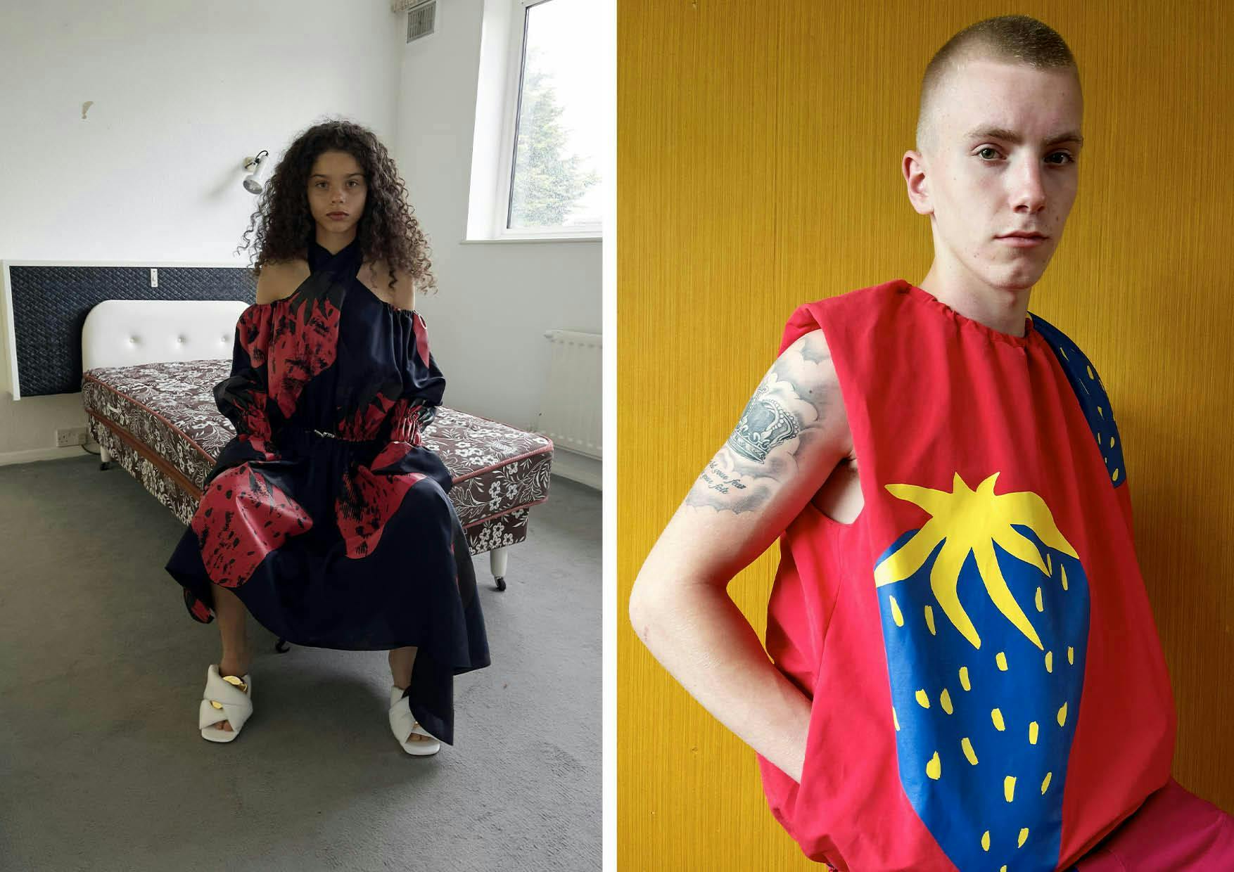 Nella foto due modelli indossano JW Anderson la collezione uomo Primavera Estate 2022 e la collezione donna Resort 2022