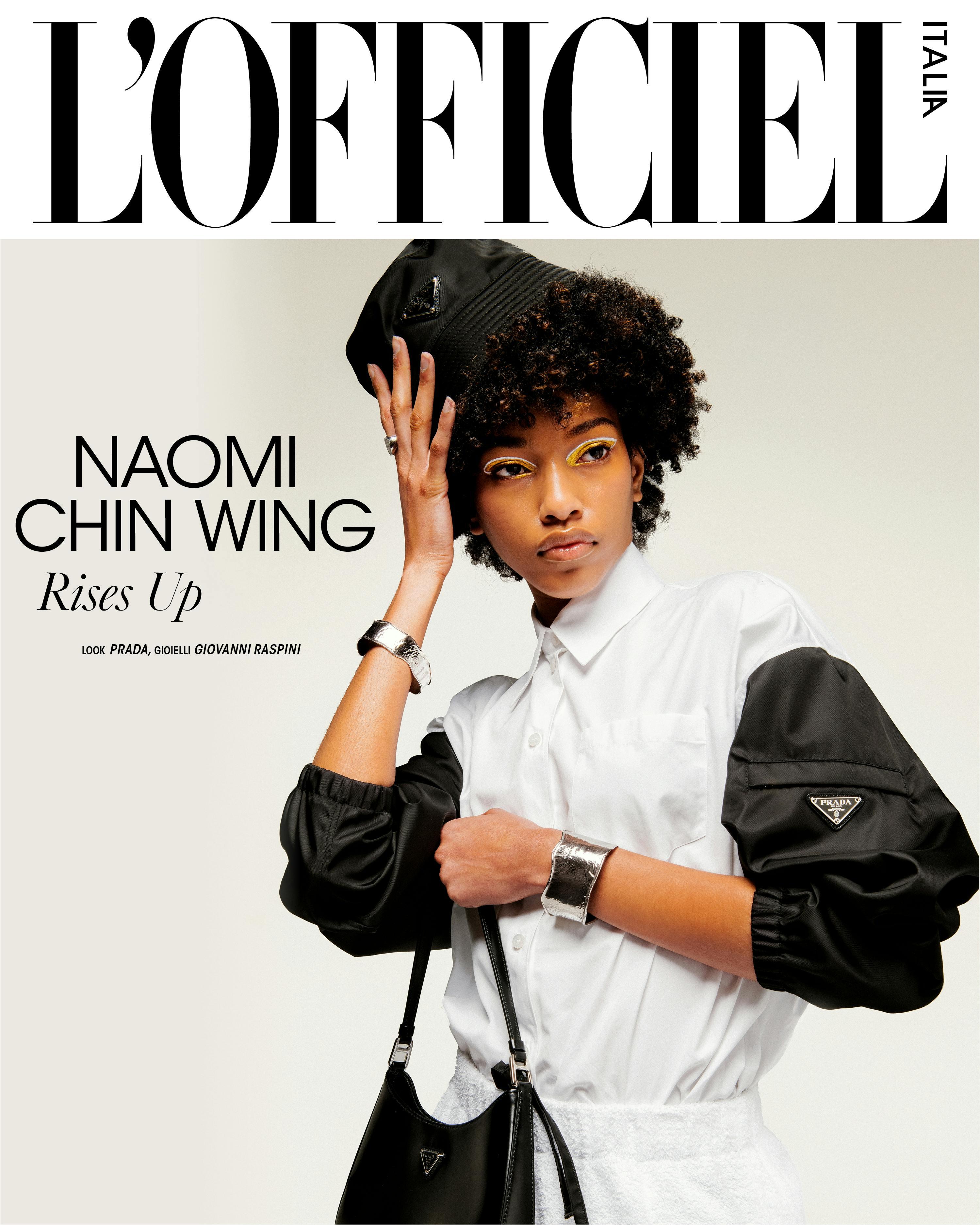 Naomi Chin Wing in cover indossa un total look PRADA, gioielli GIOVANNI RASPINI