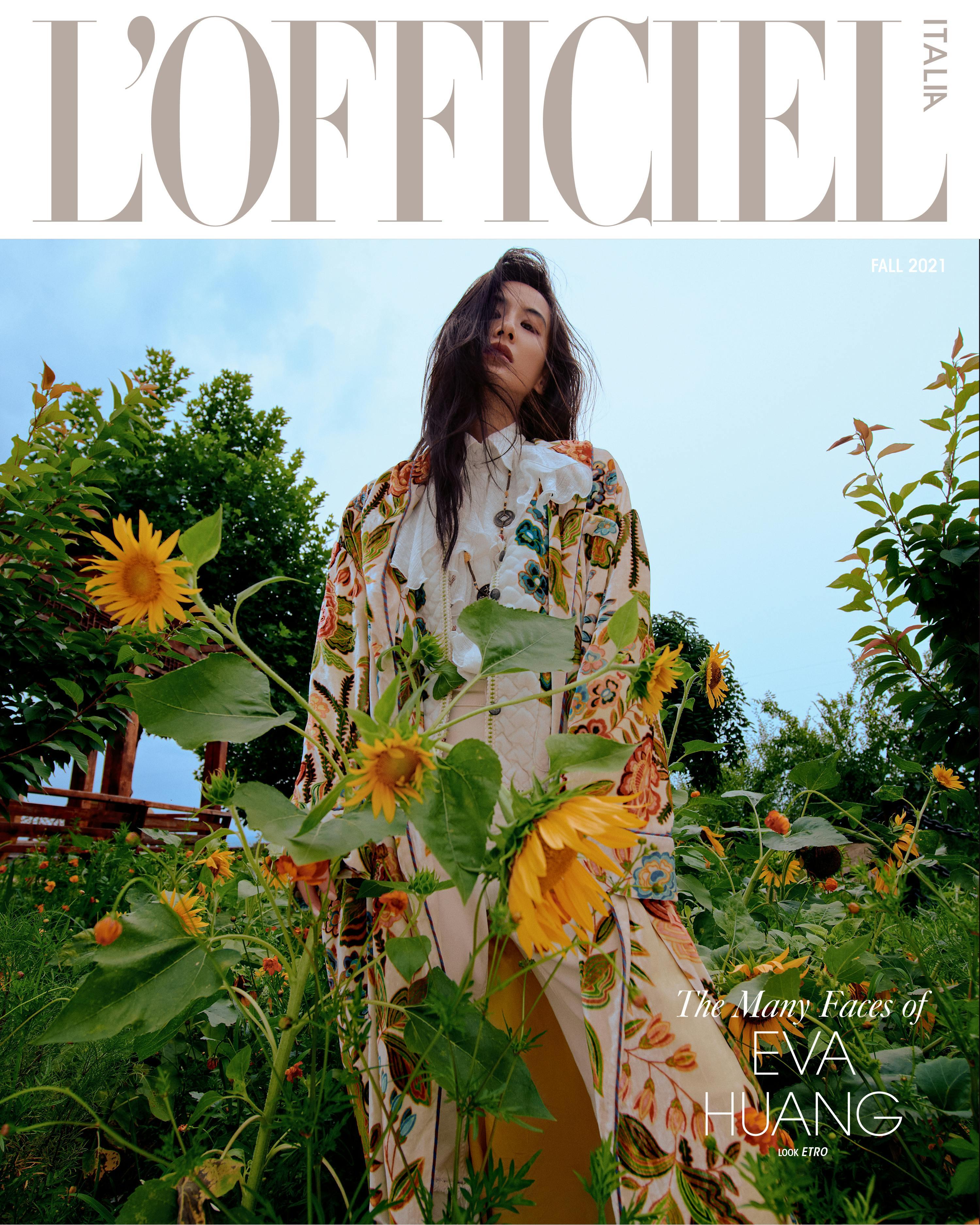 Nella foto Eva Huang in cover indossa coat fantasia, camicia e gonna ETRO