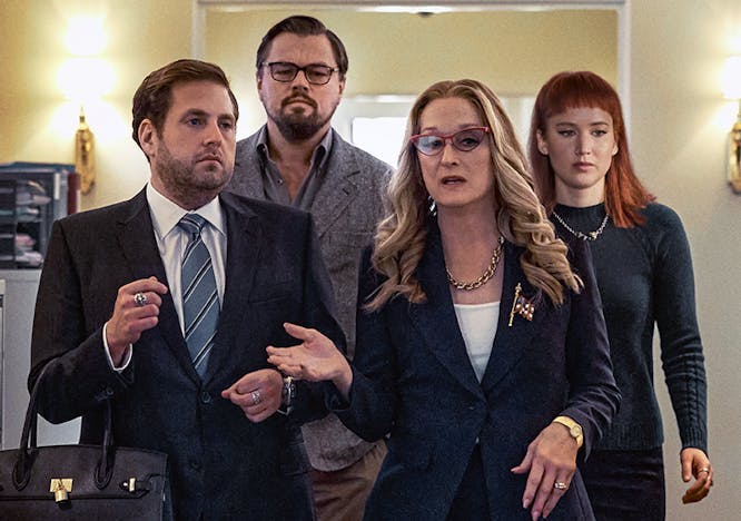 Jonah Hill, Leonardo Di Caprio, Jennifer Lawrence e Meryl Streep nel film di Netflix 'Don't Look Up'