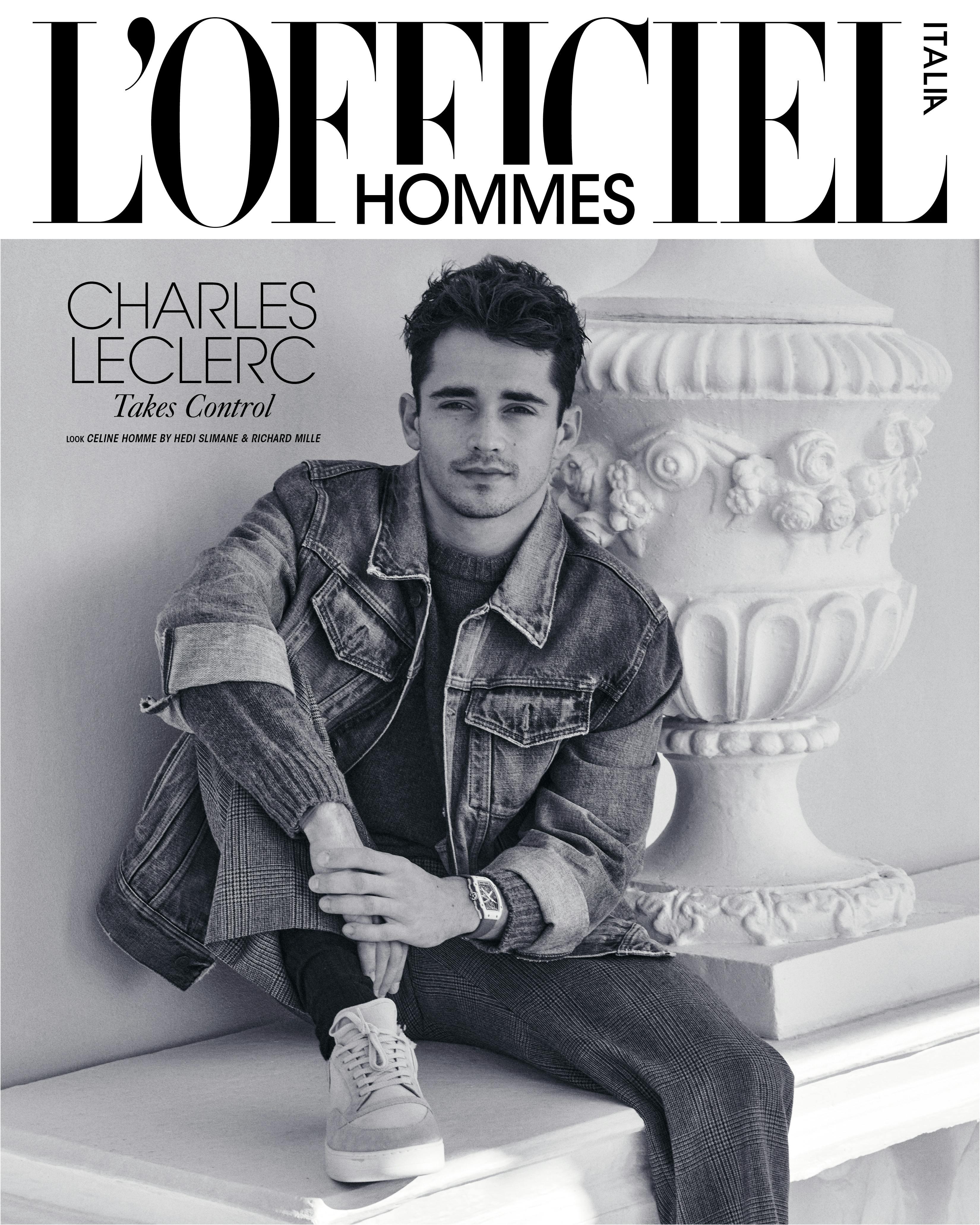 Charles Leclerc indossa in cover giacca in denim, pull, pantaloni CELINE HOMMES BY HEDI SLIMANE; Orologio RICHARD MILLE , scarpe LORO PIANA