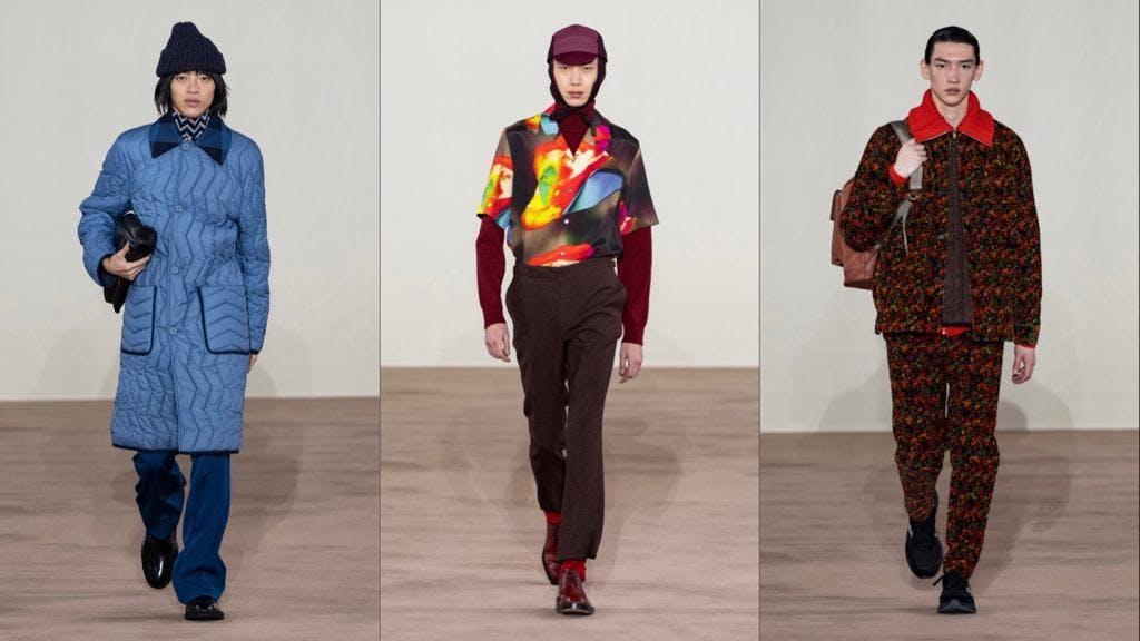 In foto tre look della collezione di Paul Smith Autunno Inverno 2022-23