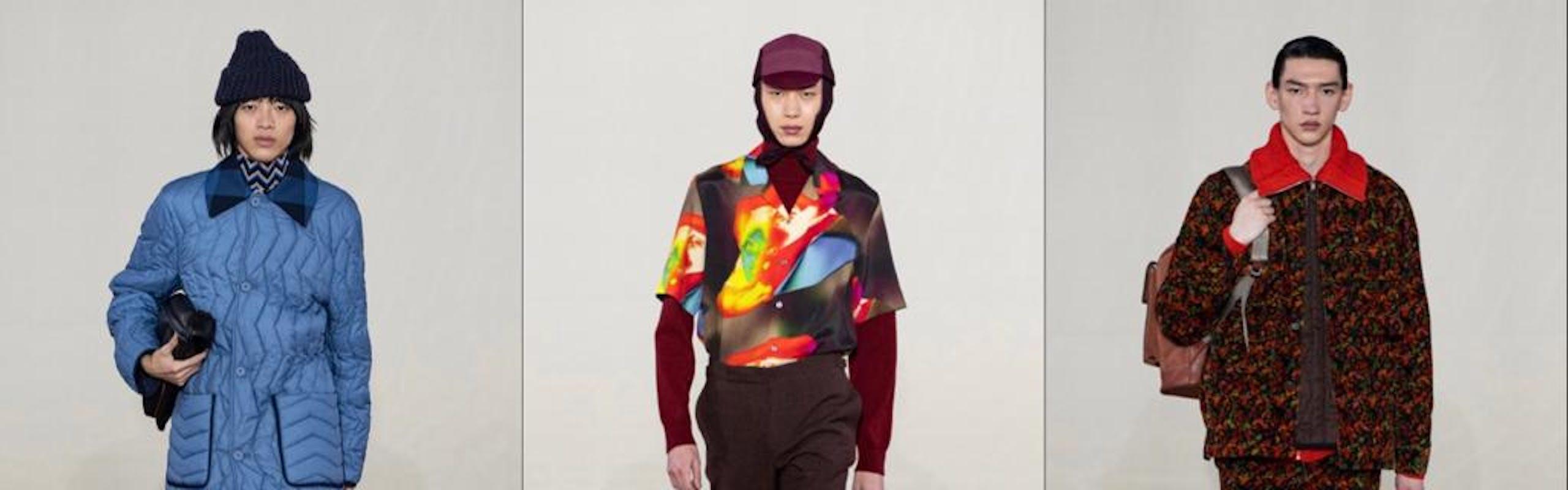 In foto tre look della collezione di Paul Smith Autunno Inverno 2022-23