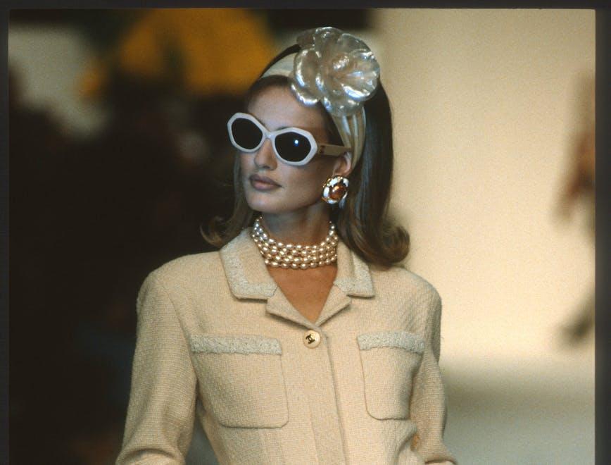 spring karen mulder. paris clothing sunglasses sleeve necklace suit overcoat coat long sleeve person female