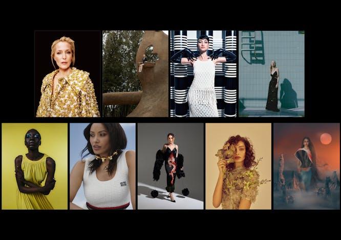 Gillian Anderson in VALENTINO ANATOMY OF COUTURE. Aminta Nofore in LORO PIANA. Kat Graham in MIU MIU. Mara Sattei in GUCCI. Luma Grothe in ERDEM. Maryna Polkanova in DIOR. Nava in PINKO. Molly Merland in ERMANNO SCERVINO. Martina Biondino in LOEWE