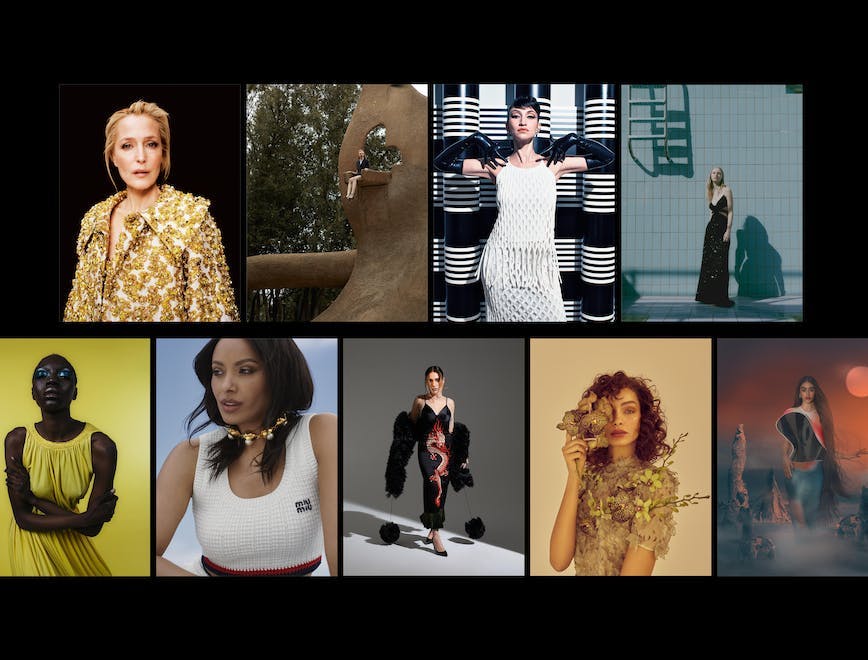 Gillian Anderson in VALENTINO ANATOMY OF COUTURE. Aminta Nofore in LORO PIANA. Kat Graham in MIU MIU. Mara Sattei in GUCCI. Luma Grothe in ERDEM. Maryna Polkanova in DIOR. Nava in PINKO. Molly Merland in ERMANNO SCERVINO. Martina Biondino in LOEWE