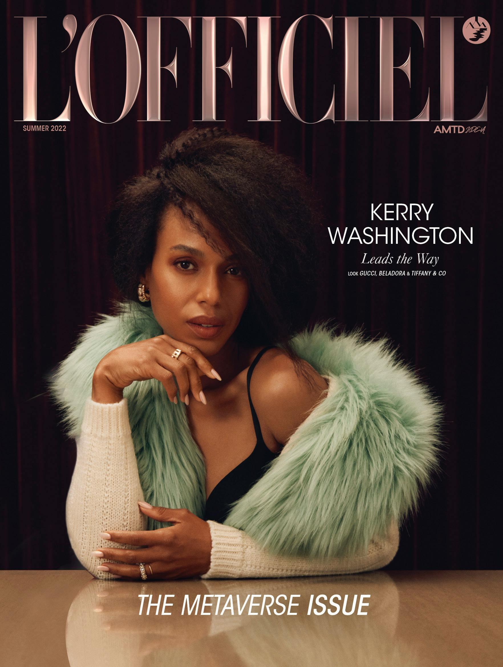 Kerry Washington in cover indossa look GUCCI, BELADORA & TIFFANY & CO.