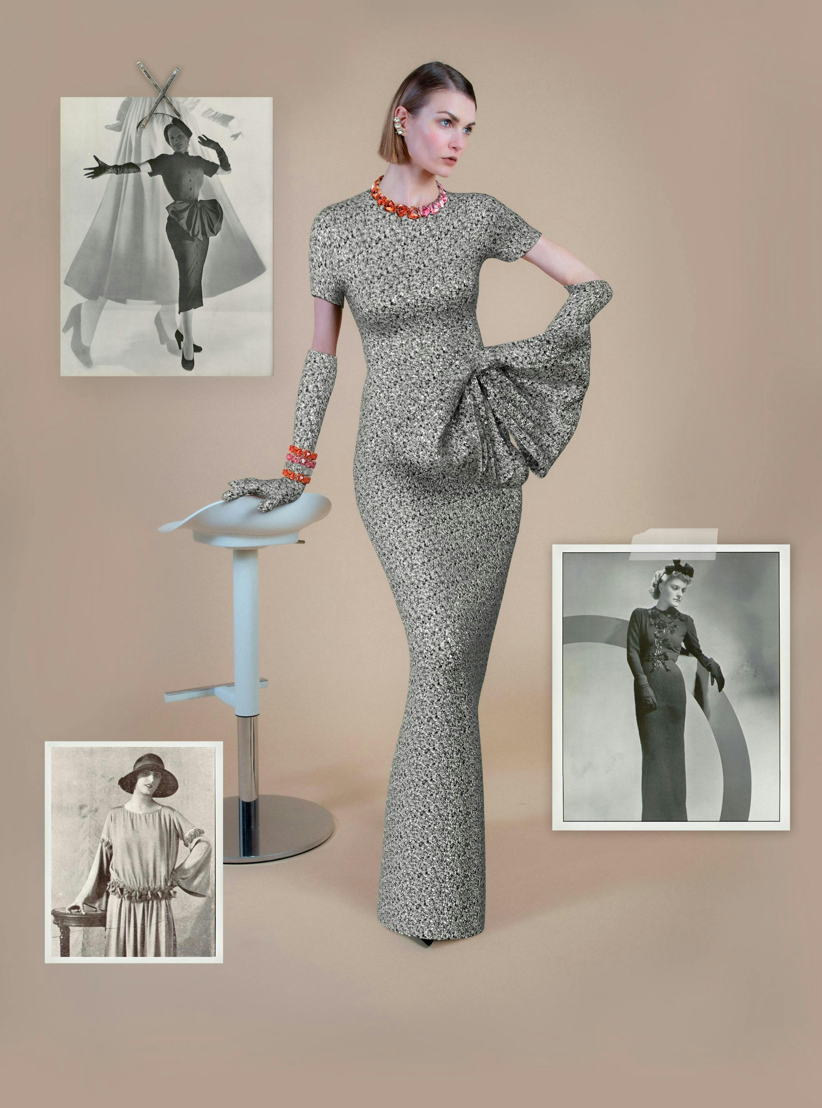 L'abito L’OFFICIEL X DRESSX di questa pagina nasce da un clash digitale tra, dall'alto in senso orario, un look di CHRISTIAN DIOR del 1947 (L'OFFICIEL n° 307), una creazione di CRISTÓBAL BALENCIAGA del 1938 (L'OFFICIEL n° 206) e un ensemble di JEANNE LANVIN del 1922 (L'OFFICIEL n° 10). Earclip, collana e bracciali "Millenia", SWAROVSKI.