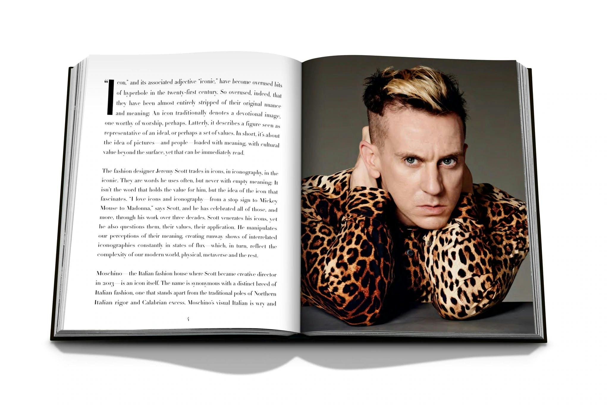 Una pagina del nuovo libro Moschino con un ritratto del desginer Jeremy Scott realizzato da Giampaolo Sgura. 