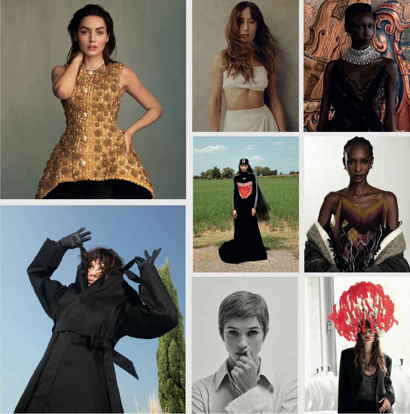 OUR STARS: DA SINISTRA IN SENSO ORARIO — Ana de Armas in LOUIS VUITTON. Maggie Q in LORO PIANA. Alay Deng in ALBERTA FERRETTI e BVLGARI. Lous in LOUIS VUITTON. Eve Nakkachdji in VALENTINO THE BEGINNING HAUTE COUTURE. Ben Massarenti in FENDI. Isabelle Adjani in AMI PARIS. Lorena Relja in ADIDAS X GUCCI e GUCCI.