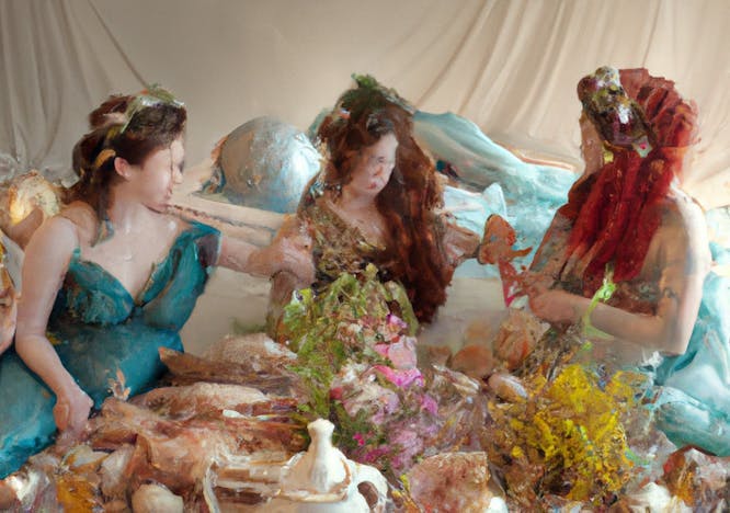 Sara Hoover, "Luscious Mermaid Birth Party During the Flemish Renaissance with Pre-Raphaelite Hair, shot by Tim Walker"