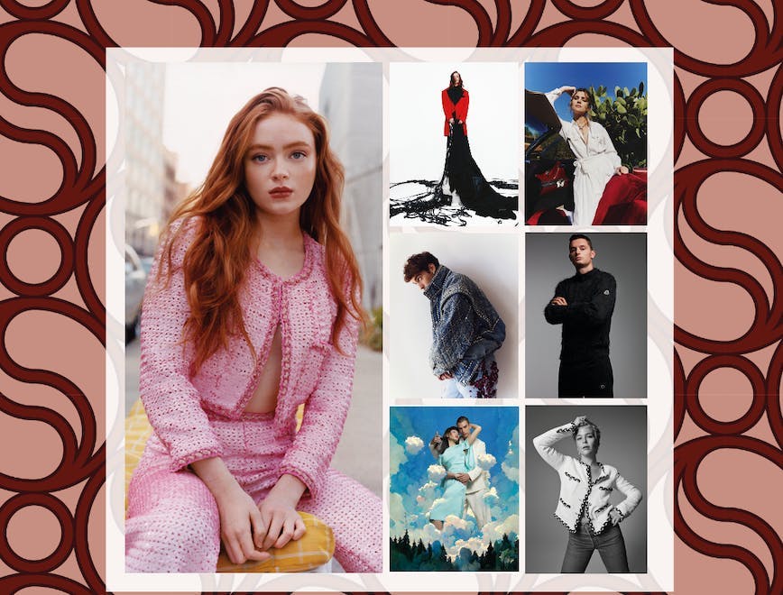 OUR STARS: Dall'alto a sinistra Sadie Sink in CHANEL.  Isabelle Huppert in Dolce & Gabbana, Georges Hobeika. Vittoria Puccini in BVlgari e polo Ralph Lauren. Federico Cesari in Gucci. Filippo Tortu in 7 MONCLER frgmt Hiroshi fujiwara.Chun Jin Weng in FENDI e Simone Bricchi in PRADA. Maggie Rogers in chanel e chanel haute Joaillerie.