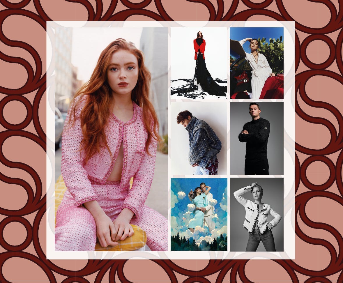 OUR STARS: Dall'alto a sinistra Sadie Sink in CHANEL.  Isabelle Huppert in Dolce & Gabbana, Georges Hobeika. Vittoria Puccini in BVlgari e polo Ralph Lauren. Federico Cesari in Gucci. Filippo Tortu in 7 MONCLER frgmt Hiroshi fujiwara.Chun Jin Weng in FENDI e Simone Bricchi in PRADA. Maggie Rogers in chanel e chanel haute Joaillerie.