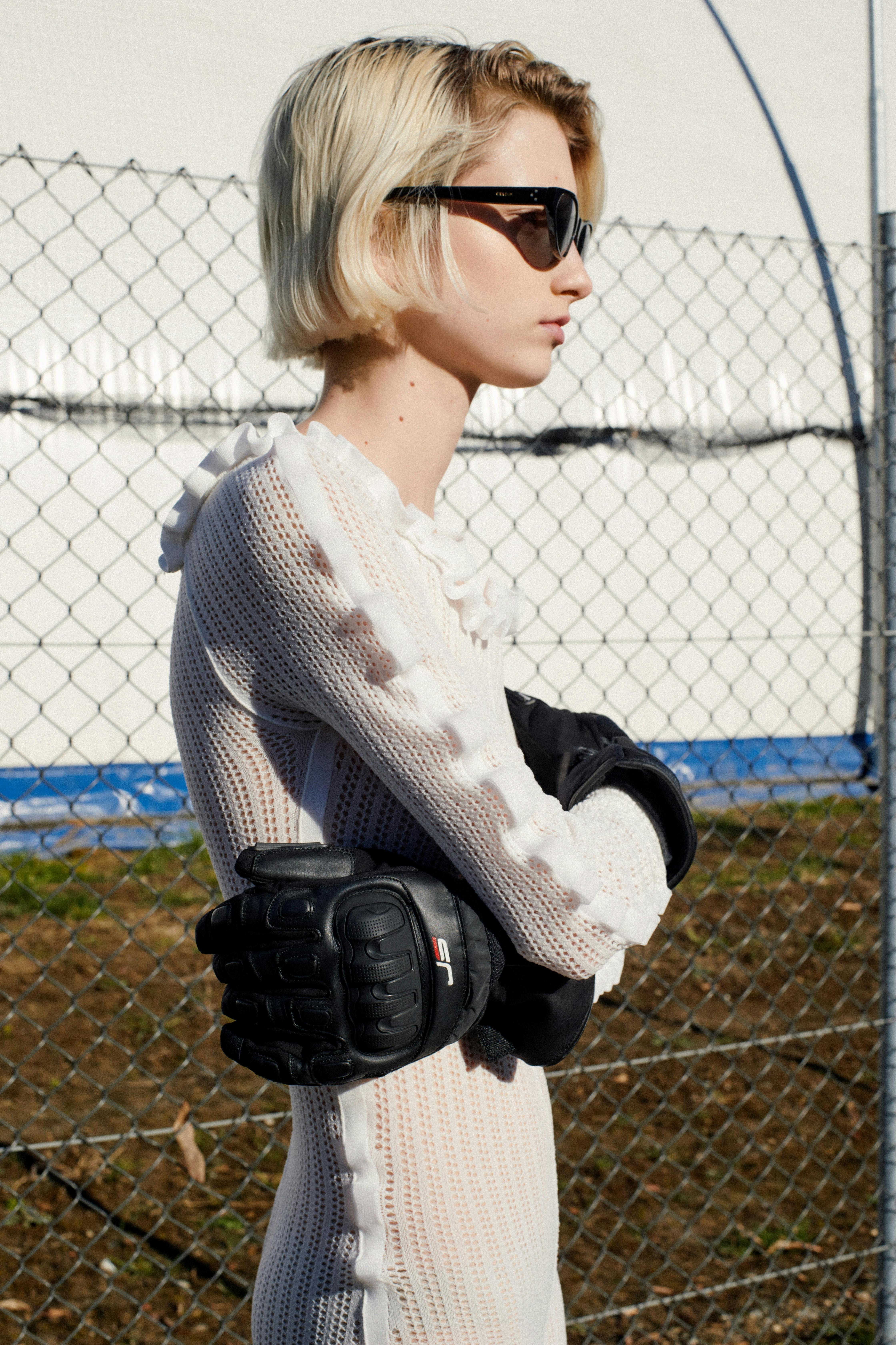 glove baseball glove sunglasses people person long sleeve blonde adult female woman