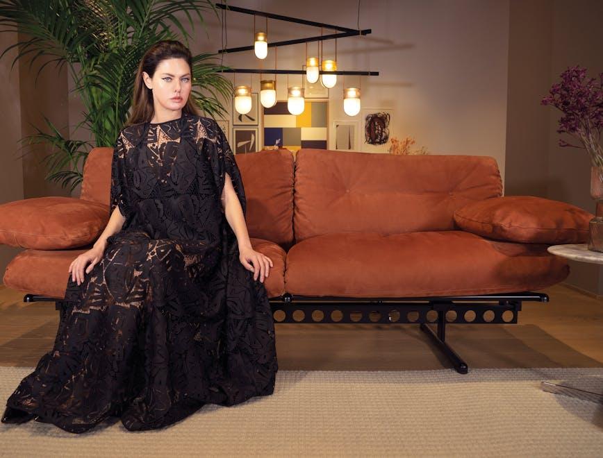 couch dress formal wear evening dress living room fashion adult female person woman