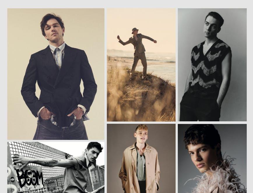 DALL'ALTO IN SENSO ORARIO—Nicholas Hoult in LORO PIANA. Braien Vaiksaar in DIOR MEN. Matteo Paolillo in MISSONI. Tom Bellini in LOUIS VUITTON. Chandler Frye in DIOR MEN. Nacho Penín in VALENTINO