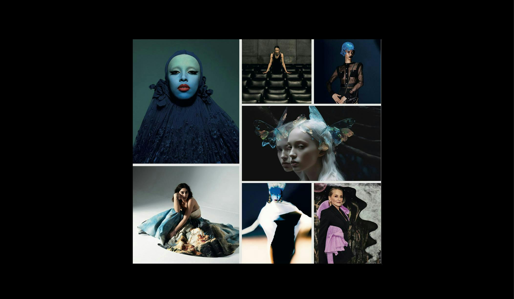 OUR STARS: Dall'alto in senso orario - Doja Cat in Off-White. Marusya in Gucci.  Alexandra Holguin in Chanel. Beauty look Chanel. Sharon Stone in Yousef Akbar. Polina Horsh in Issey Miyake. Simona Tabasco in Roberto Cavalli.