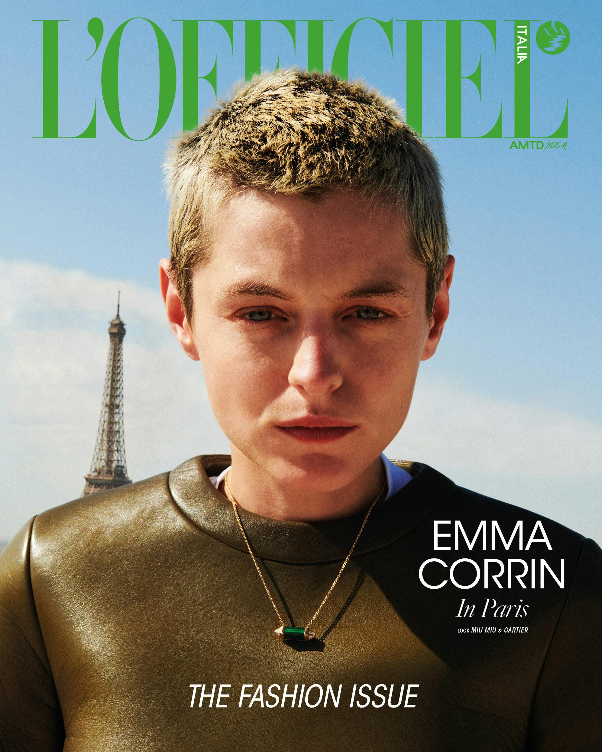 Emma Corrin in cover indossa MIU MIU e CARTIER