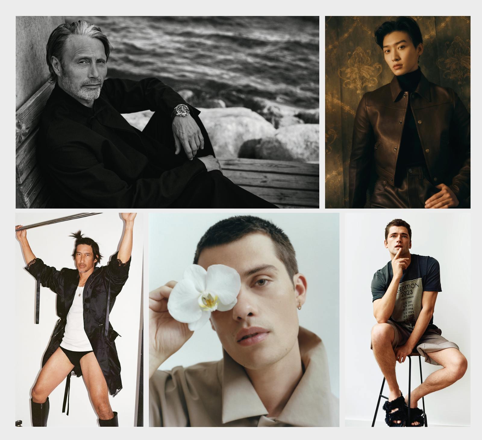 OUR STARS: DALL'ALTO E DA SINISTRA—Mads Mikkelsen in ZEGNA e LONGINES. Sang Heon Lee in COACH. Adrian Chang in DSQUARED2. Nicholas Galitzine in FENDI. Sean O'Pry in DOLCE & GABBANA.