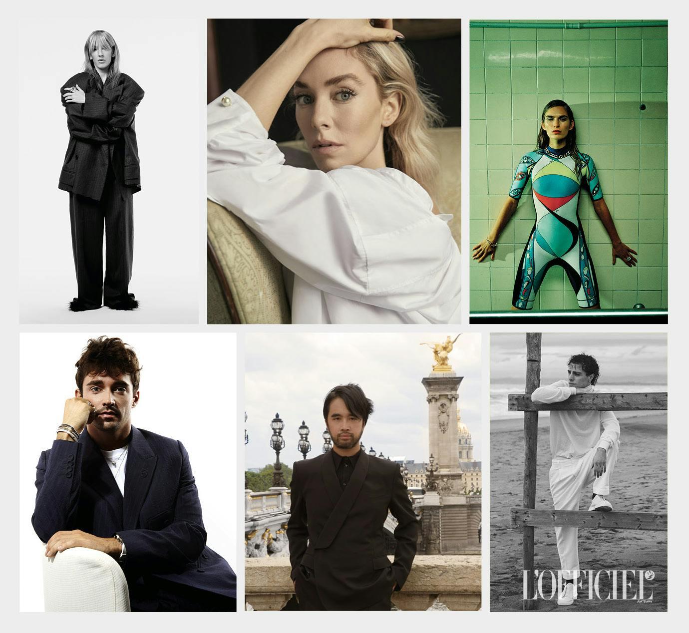 OUR STARS: dall'alto e da sinistra — Ellie Goulding in BALENCIAGA e PIANEGONDA. Vanessa Kirby in DIOR e CARTIER.  Anna Palgen in PUCCI  e POMELLATO. Charles Leclerc in DIOR MEN e APM MONACO. Adrian Cheng in DOLCE & GABBANA. Damiano Gavino in ZEGNA.