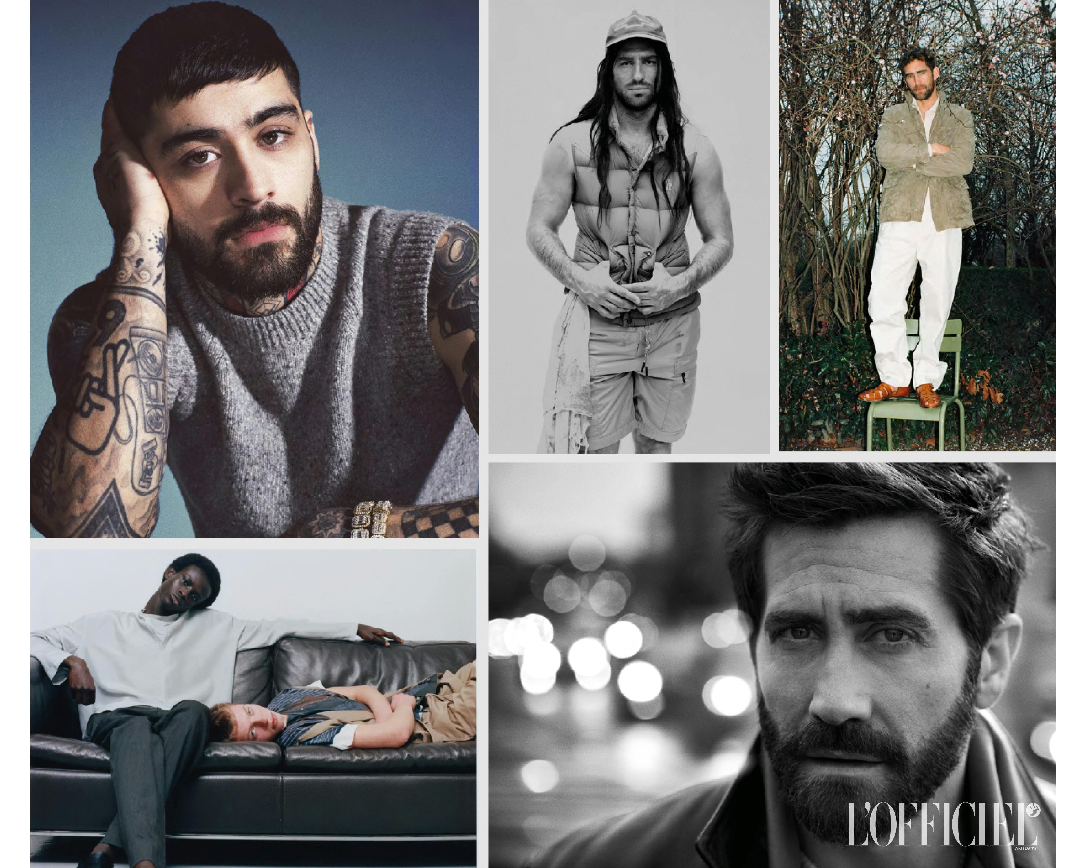 DALL'ALTO E DA SINISTRA: Zayn Malik in AMI PARIS. Alvise Rigo in MONCLER GRENOBLE. Will Chalker in LORO PIANA e CHURCH'S. Baye Seye in HERMÈS et Chaïm Feroleto in COMME DES GARÇONS SHIRT. Jake Gyllenhaal in COACH.